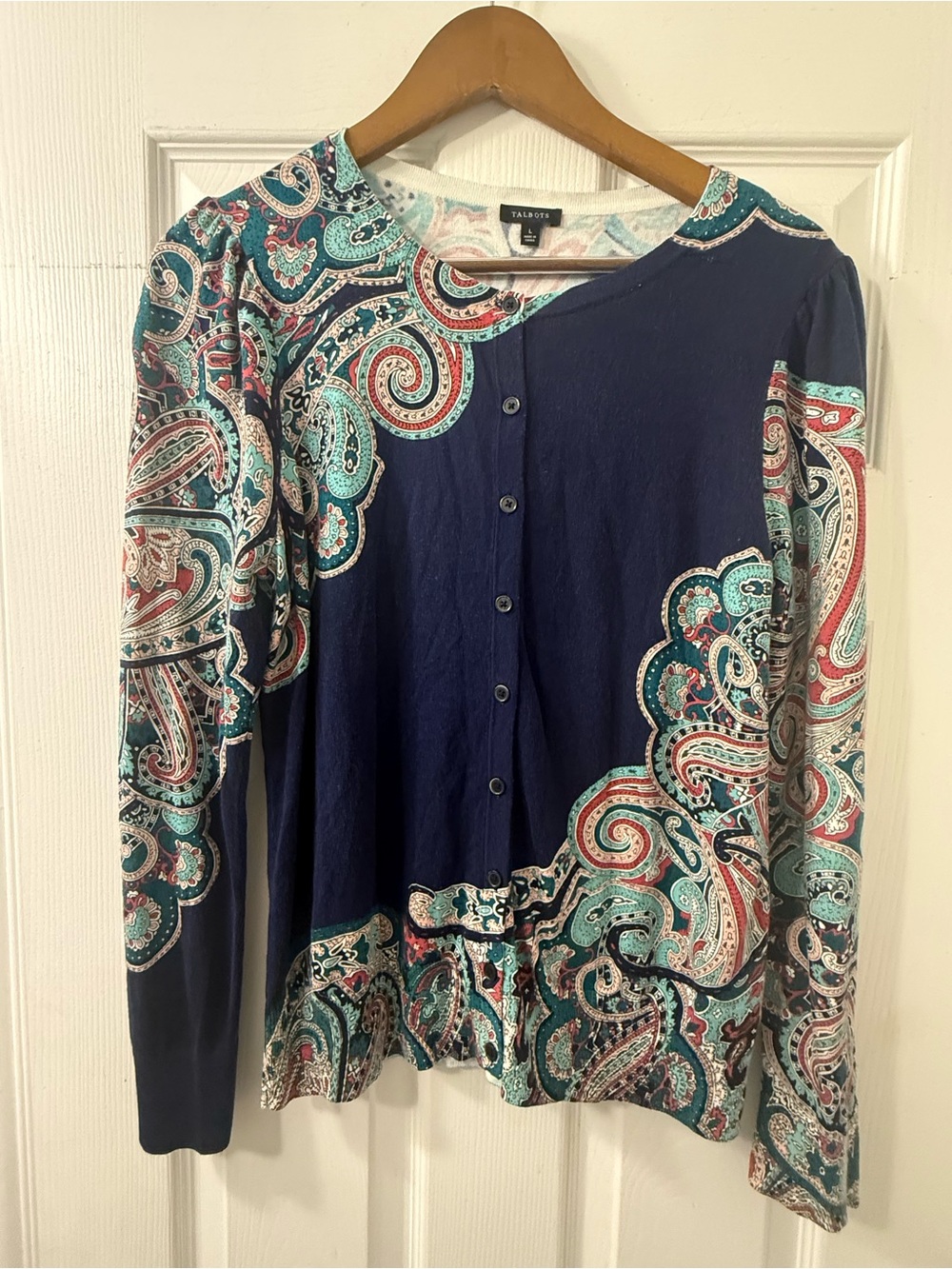 Talbots Navy Paisley Button-Down Top with Teal & Coral Accents